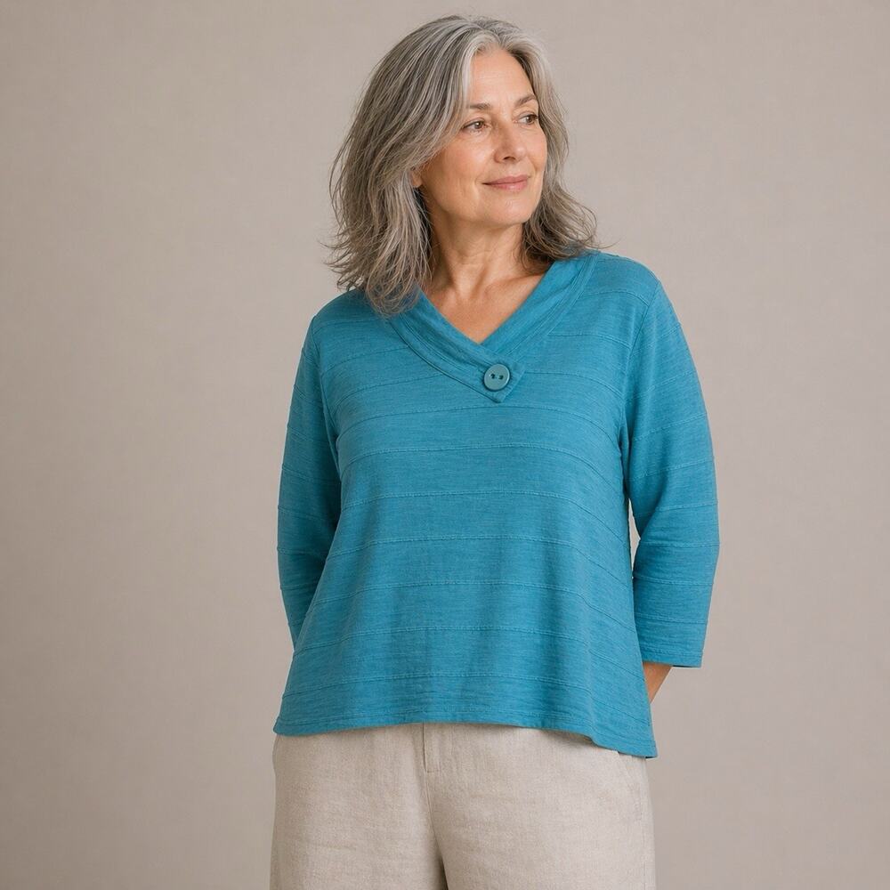 Habitat Top XS Aqua Blue Lightweight Cotton Seamed Button Neck 3/4 Sleeve Artsy